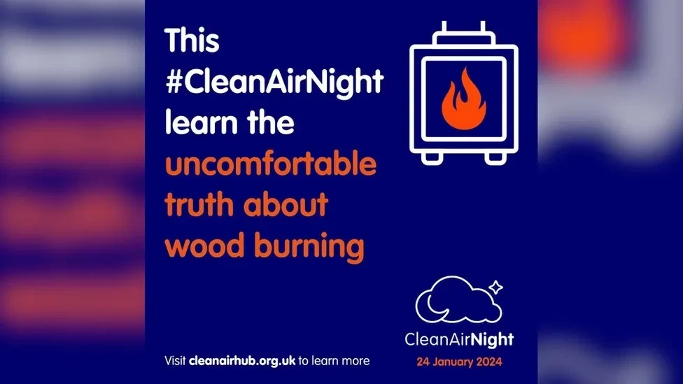 Clean Air Night campaign image of a white line drawing of a wood burning stove with a bright orange flame inside. Campaign slogan is 